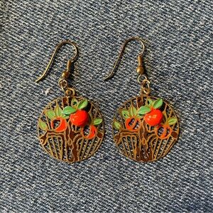 1960’s enamel on gold orange tree dangle vintage earrings
